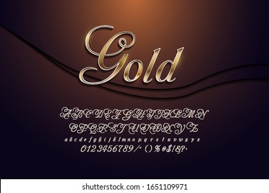 Vector gold alphabet letter, digits and punctuation signs with reflection on dark background