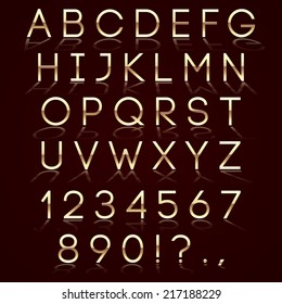 Vector gold alphabet letter, digits and punctuation signs with reflection on dark background