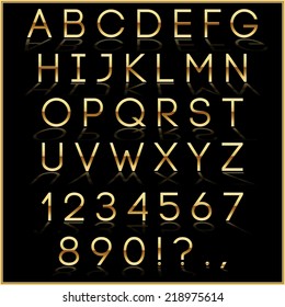 Vector gold alphabet letter, digits and punctuation signs with reflection on black background
