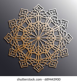 Vector gold Arabic ornament on a gray background.Used to design invitations, cards, banners, and others. Carving for metal. Ramadan Kareem. Islamic pattern
