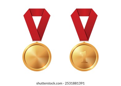 Conjunto de iconos de medalla de oro de Vector con cintas de color primer plano aislado. Medalla de oro del primer lugar y medalla en blanco. Concepto de victoria del torneo deportivo. Plantilla de Diseño para la Competencia, Premio