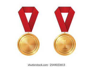 Conjunto de iconos de medalla de oro de Vector con cintas de color primer plano aislado. Medalla de oro del primer lugar y medalla en blanco. Concepto de victoria del torneo deportivo. Plantilla de Diseño para la Competencia, Premio