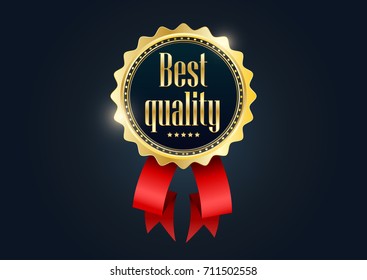 Vector Gold badge with red ribbon and label best quality.