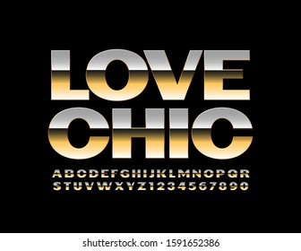 Vektorgold Banner Liebesschick. Schriftart der glänzenden Elite. Satz glamour Alphabet Buchstaben und Zahlen