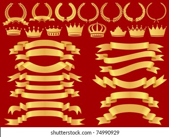 Vector Gold  Banner,laurel  Wreath And Crown Set