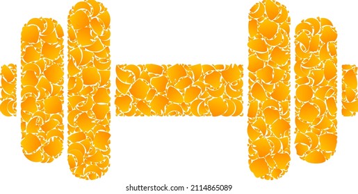 Vector gold barbell mosaic icon. Barbell is isolated on a white background. Golden items mosaic based on barbell icon. Mosaic barbell iconic image is composed of yellow items.