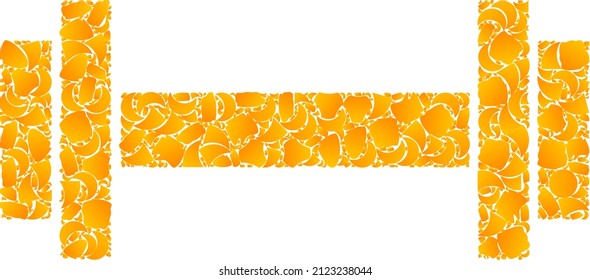 Vector gold barbell mosaic icon. Barbell is isolated on a white background. Gold particles mosaic based on barbell icon. Mosaic barbell iconic image is designed with yellow parts.