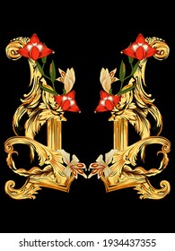 Vector gold baroque abstract design with flower and leaves