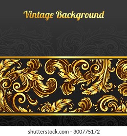 Vector gold baroque pattern on black background.