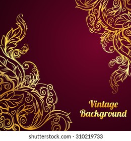 Vector gold baroque pattern on red background.
