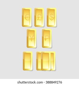 vector gold bars with symbols of world  currency
