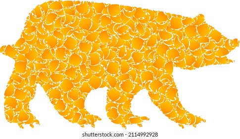 Vector gold bear mosaic icon. Bear is isolated on a white background. Gold particles mosaic based on bear icon. Mosaic bear iconic image is made with yellow parts.