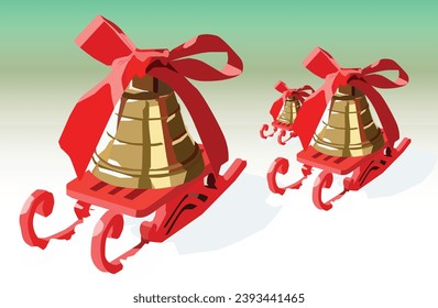 vector of gold bells and red ribbon sleighs running race on white snow symbol logo xmas