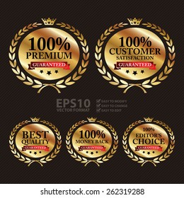 Vector : Gold Best Quality, 100% Customer Satisfaction, 100% Premium, 100% Editor's Choice and 100% Money Back Guaranteed Wheat Laurel Wreath, Ribbon, Label, Sticker or Icon