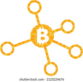 Vektor Gold Bitcoin Knoten Mosaik Symbol. Bitcoin-Knoten sind einzeln auf weißem Hintergrund. Gold Elemente Mosaik basierend auf Bitcoin-Knoten Symbol. Collage bitcoin Knoten iconic Bild wird mit gelben Gegenständen getan.