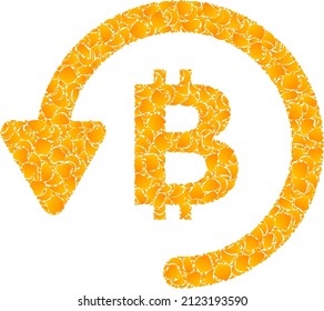 Icono del mosaico de la restitución de monedas de oro vectorial. El reembolso de Bitcoin se aísla sobre un fondo blanco. Mosaico de partículas doradas basado en el ícono de restitución de bitcoin.