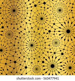 Vector Gold Black Abstract Network Metallic Circles Seamless Pattern Background. Great for elegant gold texture fabric, cards, wedding invitations, wallpaper.