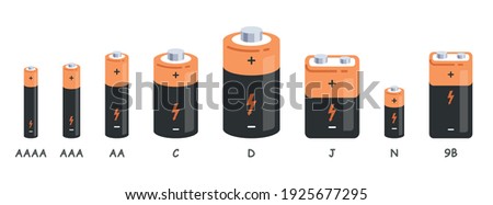 Vector gold and black alkaline battery set, diffrent size isolated on white background. Vector Vector battery set. Flat style vector illustration isolated on white background.
