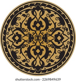 Vector gold and black arabic national round ornament. Ethnic circle, eastern and african peoples of asia, persia, iran, iraq, syria.