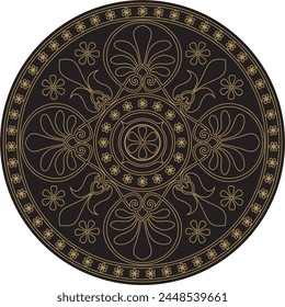 Vector gold with black classic Greek round ornament. Circle of Ancient Greece and the Roman Empire. Byzantine painting of walls, floors and ceilings. Decoration of European palaces.
