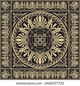 Vector gold and black classic Greek square ornament. Rectangle of Ancient Greece and Roman Empire. Byzantine painting of walls, floors and ceilings. Decoration of European palaces.
