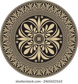 Vector gold with black classic Greek round ornament. Circle of Ancient Greece and the Roman Empire. Byzantine painting of walls, floors and ceilings. Decoration of European palaces.
