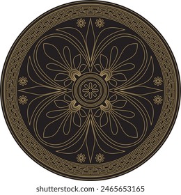 Vector gold with black classic Greek round ornament. Circle of Ancient Greece and the Roman Empire. Byzantine painting of walls, floors and ceilings. Decoration of European palaces.
