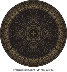 Vector gold with black classic Greek round ornament. Circle of Ancient Greece and the Roman Empire. Byzantine painting of walls, floors and ceilings. Decoration of European palaces.
