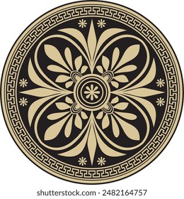 Vector gold with black classic Greek round ornament. Circle of Ancient Greece and the Roman Empire. Byzantine painting of walls, floors and ceilings. Decoration of European palaces.
