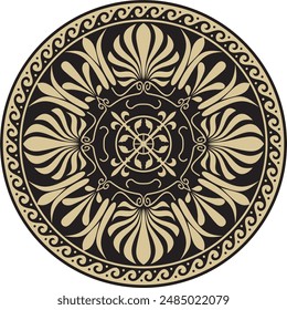 Vector gold with black classic Greek round ornament. Circle of Ancient Greece and the Roman Empire. Byzantine painting of walls, floors and ceilings. Decoration of European palaces.
