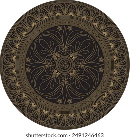 Vector gold with black classic Greek round ornament. Circle of Ancient Greece and the Roman Empire. Byzantine painting of walls, floors and ceilings. Decoration of European palaces.
