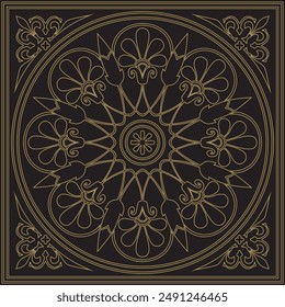 Vector gold and black classic Greek square ornament. Rectangle of Ancient Greece and Roman Empire. Byzantine painting of walls, floors and ceilings. Decoration of European palaces.
