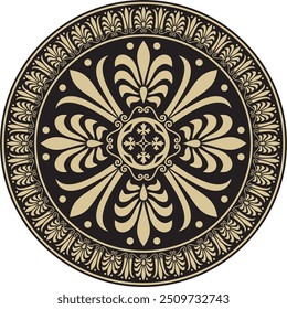 Vector gold with black classic Greek round ornament. Circle of Ancient Greece and the Roman Empire. Byzantine painting of walls, floors and ceilings. Decoration of European palaces.
