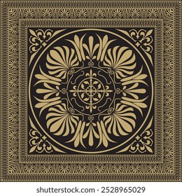 Vector gold and black classic Greek square ornament. Rectangle of Ancient Greece and Roman Empire. Byzantine painting of walls, floors and ceilings. Decoration of European palaces.
