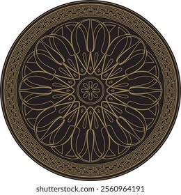 Vector gold with black classic Greek round ornament. Circle of Ancient Greece and the Roman Empire. Byzantine painting of walls, floors and ceilings. Decoration of European palaces.
