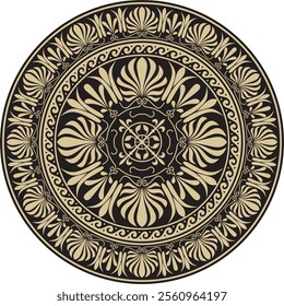 Vector gold with black classic Greek round ornament. Circle of Ancient Greece and the Roman Empire. Byzantine painting of walls, floors and ceilings. Decoration of European palaces.
