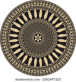 Vector gold with black classic Greek round ornament. Circle of Ancient Greece and the Roman Empire. Byzantine painting of walls, floors and ceilings. Decoration of European palaces.
