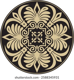 Vector gold with black classic Greek round ornament. Circle of Ancient Greece and the Roman Empire. Byzantine painting of walls, floors and ceilings. Decoration of European palaces.
