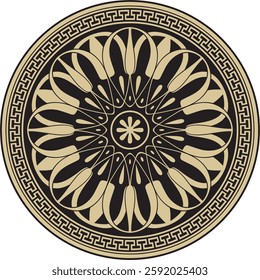 Vector gold with black classic Greek round ornament. Circle of Ancient Greece and the Roman Empire. Byzantine painting of walls, floors and ceilings. Decoration of European palaces.
