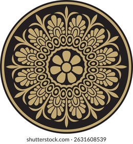 Ouro vetorial com ornamento preto clássico grego redondo. Círculo da Grécia Antiga e do Império Romano. Pintura bizantina de paredes, pisos e tetos. Decoração de palácios europeus.

