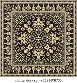 Vetor ouro e preto clássico grego quadrado ornamento. Retângulo da Grécia Antiga e Império Romano. Pintura bizantina de paredes, pisos e tetos. Decoração de palácios europeus.
