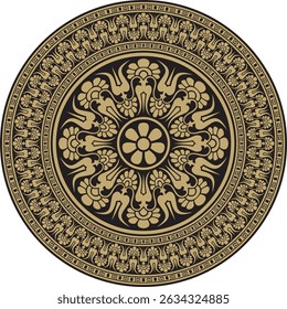 Ouro vetorial com ornamento preto clássico grego redondo. Círculo da Grécia Antiga e do Império Romano. Pintura bizantina de paredes, pisos e tetos. Decoração de palácios europeus.
