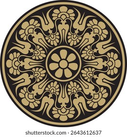 Ouro vetorial com ornamento preto clássico grego redondo. Círculo da Grécia Antiga e do Império Romano. Pintura bizantina de paredes, pisos e tetos. Decoração de palácios europeus.
