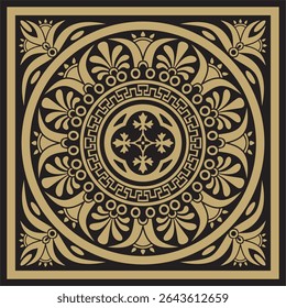 Vetor ouro e preto clássico grego quadrado ornamento. Retângulo da Grécia Antiga e Império Romano. Pintura bizantina de paredes, pisos e tetos. Decoração de palácios europeus.
