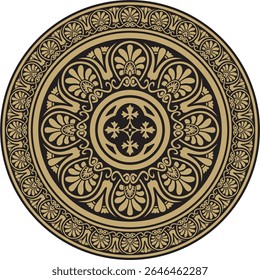 Ouro vetorial com ornamento preto clássico grego redondo. Círculo da Grécia Antiga e do Império Romano. Pintura bizantina de paredes, pisos e tetos. Decoração de palácios europeus.
