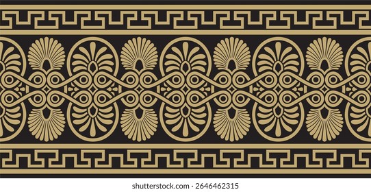 Vector gold and black classic seamless european national ornament. Ethnic pattern of the Romanesque peoples. Border, frame of ancient greece, roman empire.