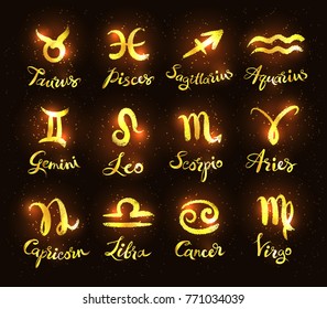 Vector gold and black colored grunge collection of zodiac signs.