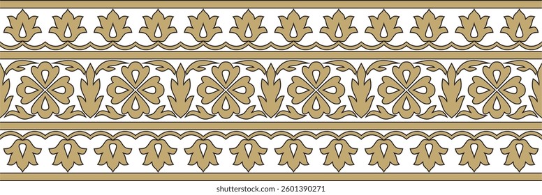Vector gold and black endless Turkish national ornament. Seamless ottoman border, frame. Ethnic floral pattern of Seljuk Turks. Decoration of the Sultan's palaces.
