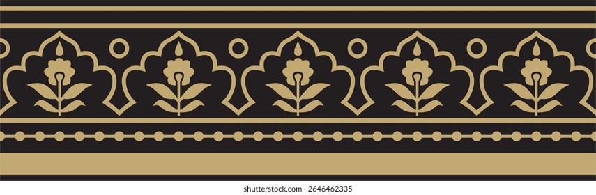 Oro Vector y negro sin fin de ornamentos nacionales turcos. Borde otomano sin costuras, marco. Patrón floral étnico de los turcos selyúcidas. Decoración de los palacios del sultán.
