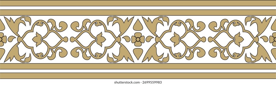 Vektor Gold und schwarze endlose türkische nationale Ornament. Nahtlose ottomanische Grenze, Rahmen. Ethnisches Blumenmuster von Seljuk Turks. Dekoration der Paläste des Sultans.
